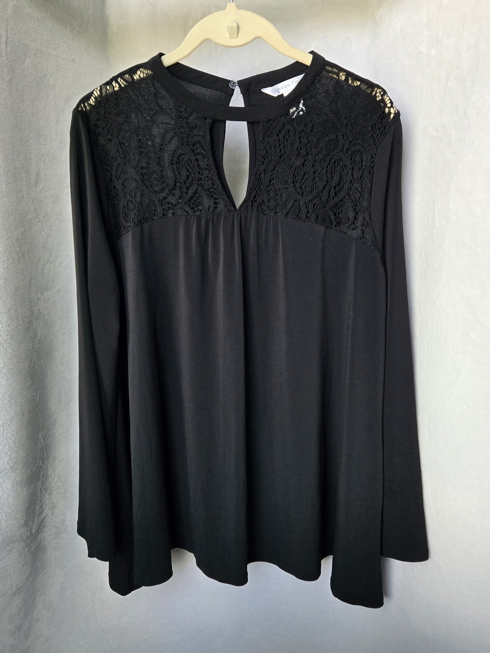 London Times Black Lace Yoke Keyhole Blouse Long Sleeve Sheer Floral Size L